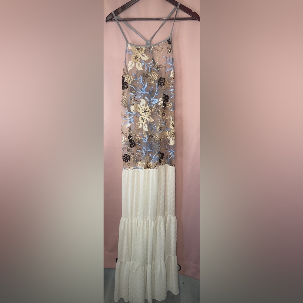 MADE IN GREECE Embroidered Floral Maxi Dress in Blue and Cream